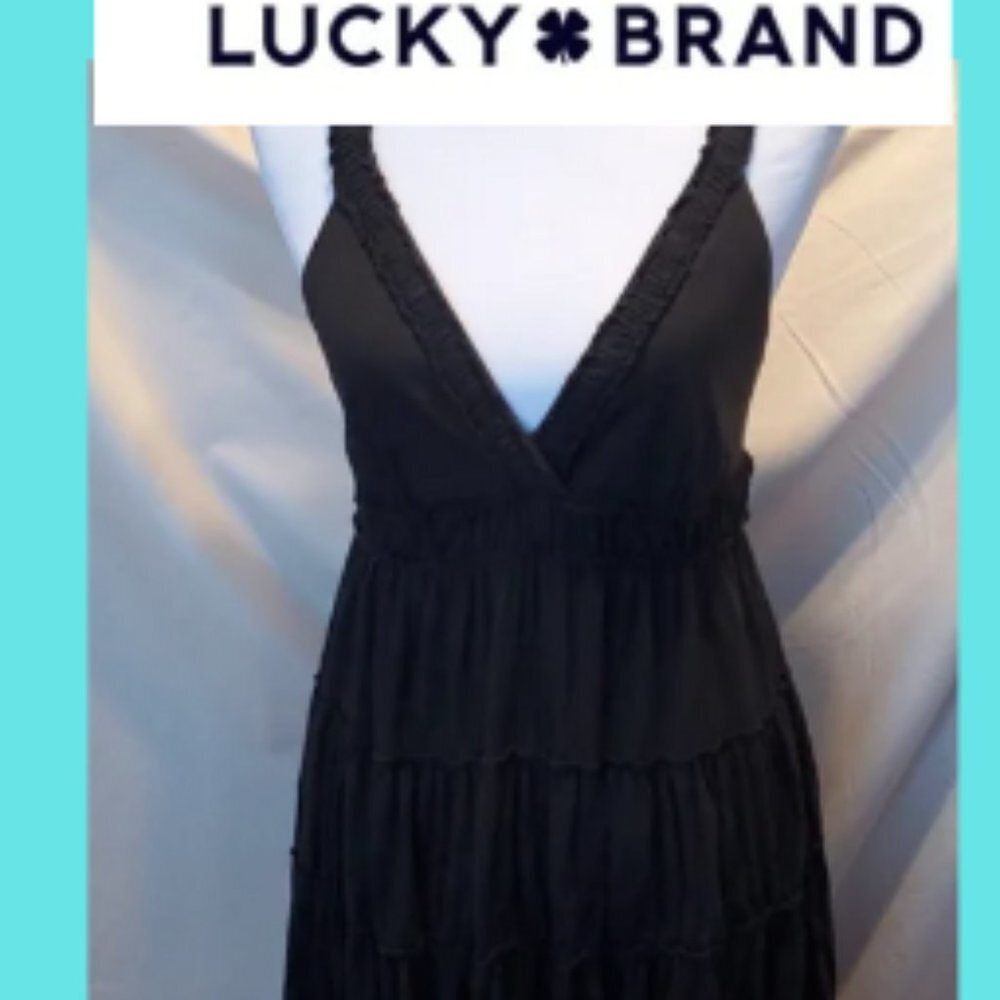 Lucky Brand Black V-Neck Tiered Midi Dress